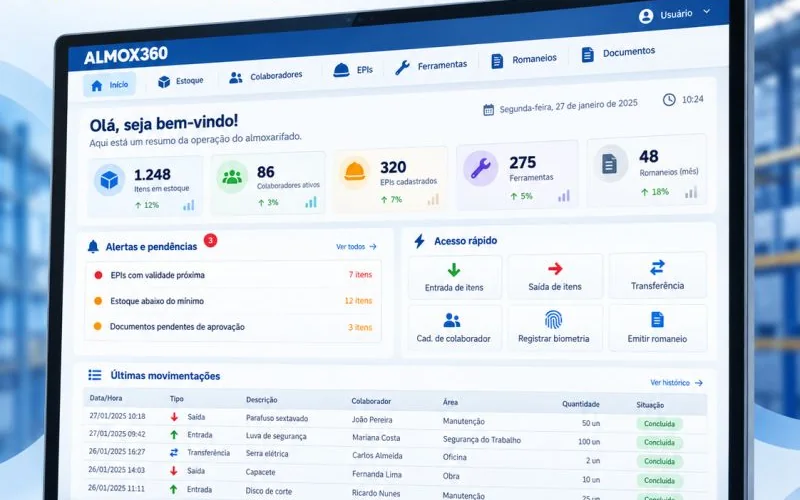 Almox 360: tela inicial com resumo da operação